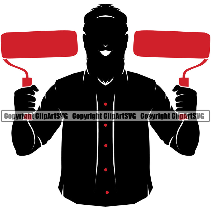 Painting Renovation Painter Worker Holding Red Color Paint Roller Silhouette Vector White Background Design Element House Home Improvement Wall Room Painter Repair Renovating Service Work Worker Painter DIY Art Logo Clipart SVG