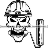 Black And White Design Skull Skeleton Mouth Holding Painting Roller Brush Vector Design Element Renovation Paint House Home Improvement Wall Room Painter Repair Renovating Service Work Worker Painter DIY Art Logo Clipart SVG