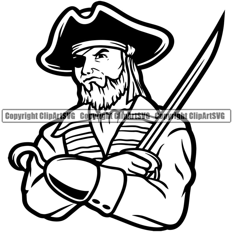 Black And White Color Occupation Pirate Sports Mascot Sea Ship Vector Design Element Ocean Sail Boat Flag Island Skull Captain Treasure Sailor Piracy Buccaneer Thief Art Logo Clipart SVG