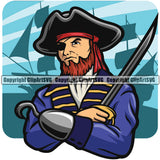 Pirate Wearing Hat And Holding Knife Color Design Element Sports Mascot Sea Ship Ocean Sail Boat Flag Island Skull Captain Treasure Sailor Piracy Buccaneer Thief Art Logo Clipart SVG