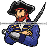 Pirate Sports Mascot Sea Ship Ocean Color Design Element Holding Knife And Wearing Hat White Background Sail Boat Flag Island Skull Captain Treasure Sailor Piracy Buccaneer Thief Art Logo Clipart SVG