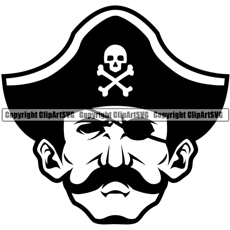 Black And White Occupation Pirate Head Design Element Vector White Background BW Sports Mascot Sea Ship Ocean Sail Boat Flag Island Skull Captain Treasure Sailor Piracy Buccaneer Thief Art Logo Clipart SVG