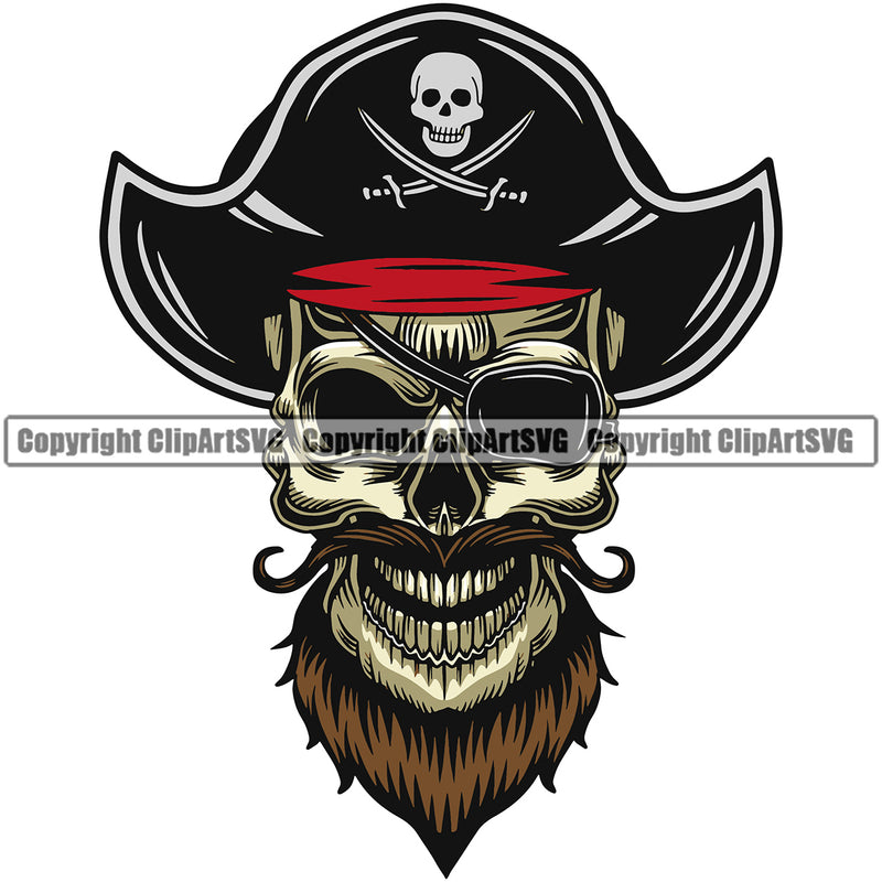 Skull Skeleton Head Smile Face Wearing Hat Vector Pirate Head Color Design Element Sports Mascot Sea Ship White Background Ocean Sail Boat Flag Island Skull Captain Treasure Sailor Piracy Buccaneer Thief Art Logo Clipart SVG