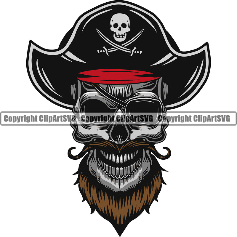 Skull Skeleton Head Smile Face Wearing Hat Vector Pirate Head Design Element Sports Mascot Sea Ship Ocean Sail Boat Flag Island Skull Captain Treasure Sailor Piracy Buccaneer Thief Art Logo Clipart SVG