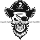 Black And White Skull Skeleton Head Wearing Hat Vector Design Element Pirate Sports Mascot Sea Ship Ocean Sail Boat Flag Island Skull BW Captain Treasure Sailor Piracy Buccaneer Thief Art Logo Clipart SVG
