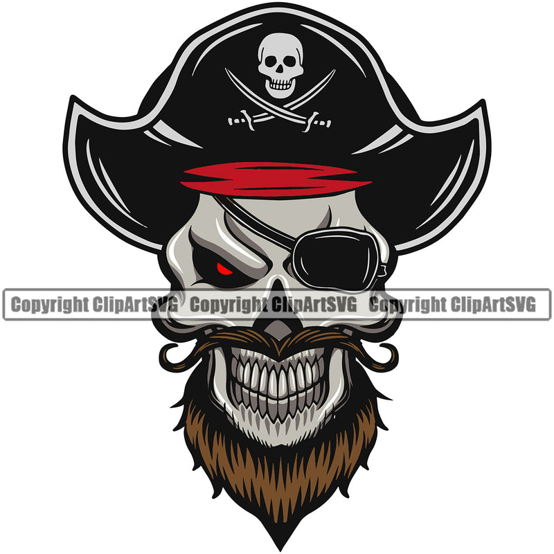 Pirate Skull Skeleton Head Smile Face Red Eyes Design Element Sports Mascot Sea Ship Ocean Sail Boat Flag Island Skull Captain Treasure Sailor Piracy Buccaneer Thief Art Logo Clipart SVG