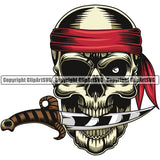 Skull Skeleton Yellow Color Head Mouth Holding Knife Vector Design Element Pirate Sports Mascot Wearing Hair Band White Background Sea Ship Ocean Sail Boat Flag Island Skull Captain Treasure Sailor Piracy Buccaneer Thief Art Logo Clipart SVG