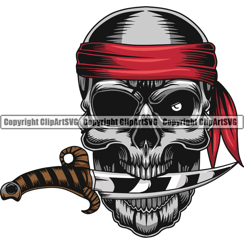 Skull Skeleton Head Mouth Holding Knife Vector Design Element Pirate Sports Mascot Wearing Hair Band White Background Sea Ship Ocean Sail Boat Flag Island Skull Captain Treasure Sailor Piracy Buccaneer Thief Art Logo Clipart SVG
