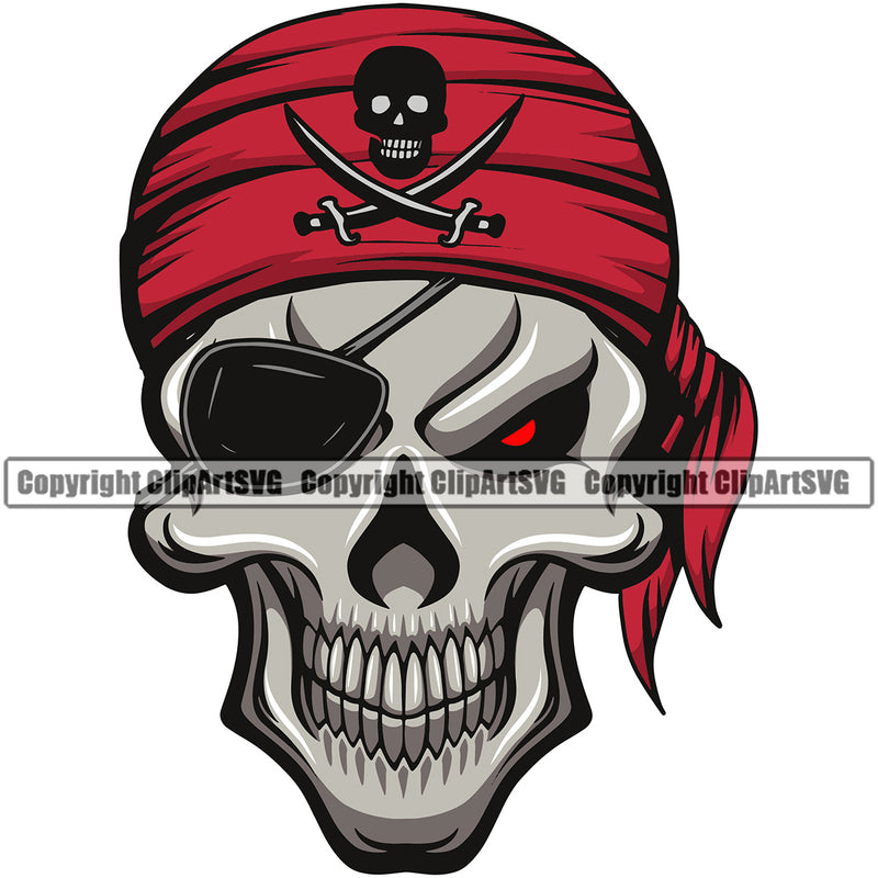 Pirate Skull Skeleton Head Red Eyes Design Element White Background Wearing Hair Band Vector Sports Mascot Sea Ship Ocean Sail Boat Flag Island Skull Captain Treasure Sailor Piracy Buccaneer Thief Art Logo Clipart SVG