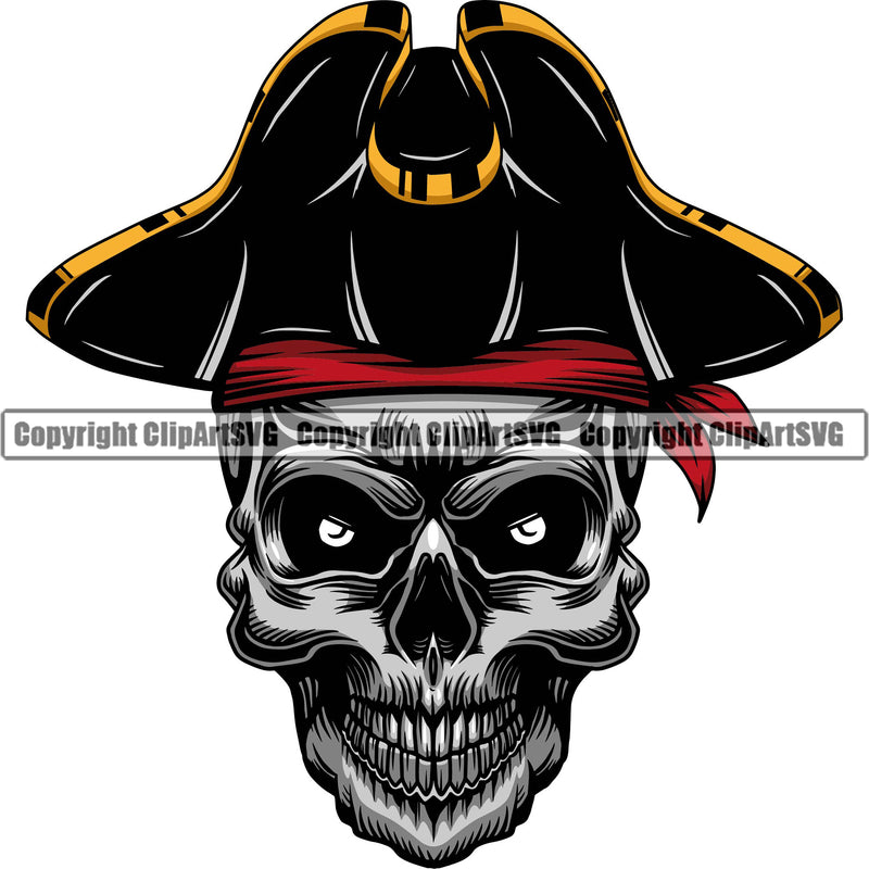 Skull Skeleton Head Wearing Hat Silver Color Design Element Pirate Sports Mascot Sea Ship Ocean Sail Boat Flag Island Skull Captain Treasure Sailor Piracy Buccaneer Thief Art Logo Clipart SVG