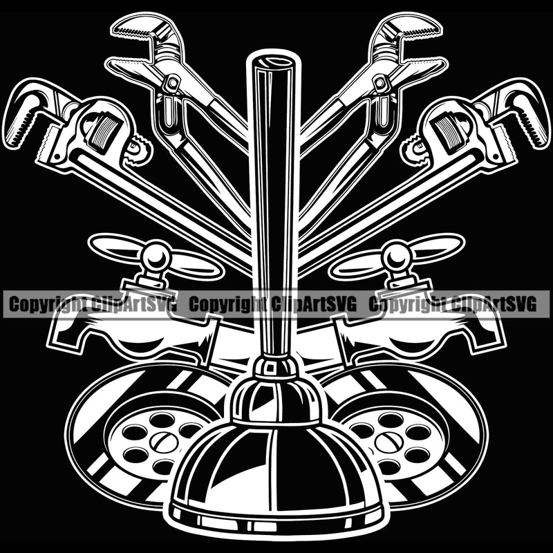 Plumber Pipe And Tap Black Background Design Element Service Repair Equipment Drain House Water Maintenance Bathroom Plumbing Work Kitchen Professional Tool Repairman Handyman Clipart SVG