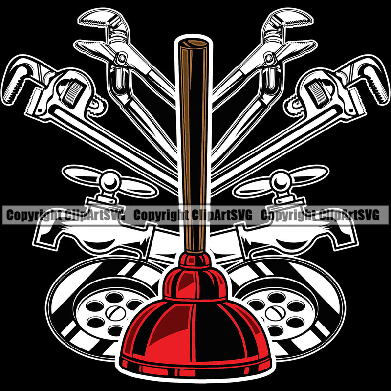 Plumber Pipe Service Repair Kit Vector Plumbing Work Kitchen Professional Tool Black Background Repairman Handyman Equipment Drain House Water Maintenance Bathroom Clipart SVG