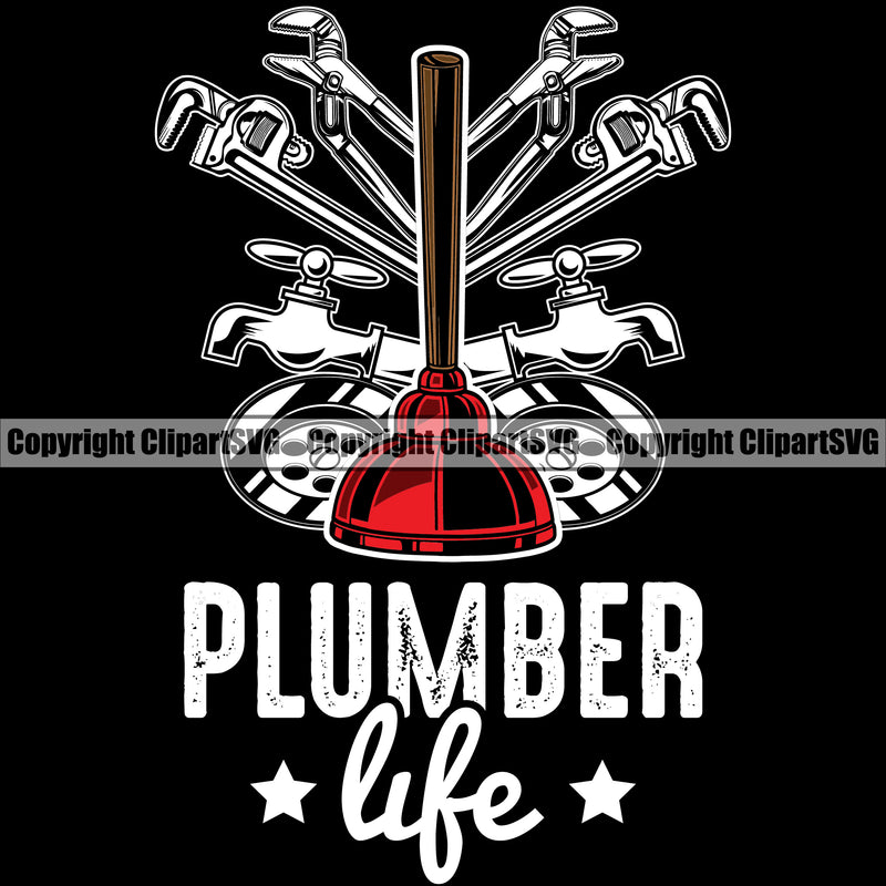 Plumber Life Quote Pipe Service Set Black Background Repair Plumbing Work Kitchen Design Element Professional Tool Repairman Handyman Equipment Drain House Water Maintenance Bathroom Clipart SVG