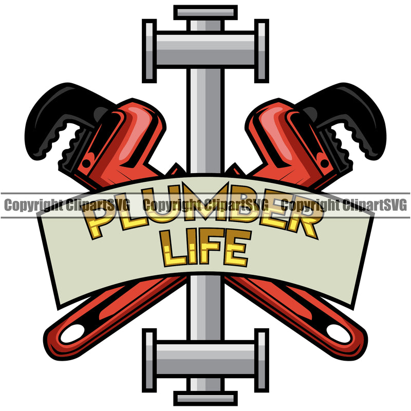 Plumber Life Crossed Color Design Element Repair Service Plumbing Work Kitchen Pipe White Background Professional Tool Repairman Handyman Equipment Drain House Water Maintenance Bathroom Clipart SVG