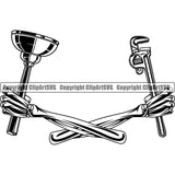 Plumber Skull Skeleton Hand Holding Pipe Repair Service Tools Plumbing Work Kitchen Professional Tool Repairman Handyman Equipment Drain House Water Maintenance Bathroom Clipart SVG