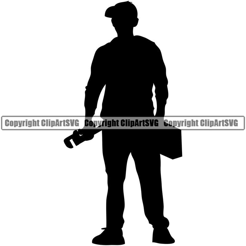 Plumber Man Standing Silhouetted Pipe Repair Service Design Element Plumbing Work Kitchen Professional Tool Repairman Handyman Equipment Drain House Water Maintenance Bathroom Clipart SVG