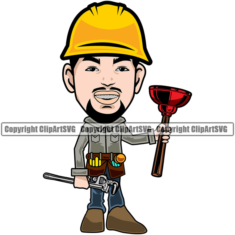 Plumber Cartoon Character Holding Pipe Repair Tool Service Plumbing Work Kitchen Professional Smile Face Repairman Handyman Equipment Drain House Water Maintenance Bathroom Clipart SVG