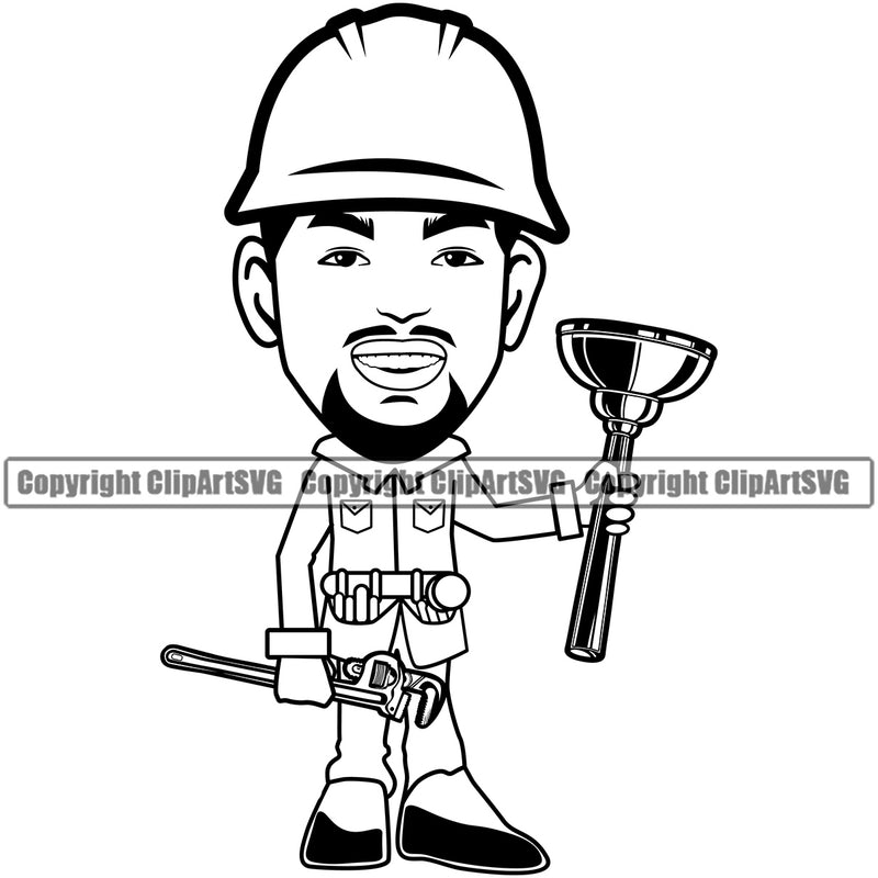 Plumber Cartoon Character Man Holding Pipe Repair Tool Service Plumbing Work Smile Face Kitchen Professional Tool Repairman Handyman Equipment Drain House Water Maintenance Bathroom Clipart SVG
