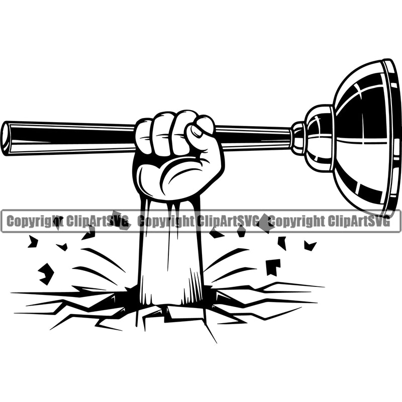 Plumber Hand Holding Plunger Vector Floor Break Design Element Pipe Repair Service Equipment Drain House Water Plumbing Work Kitchen Professional Tool Repairman Handyman Bathroom Clipart SVG