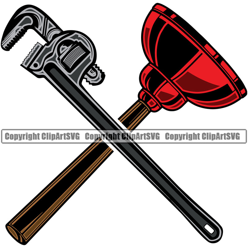 Plumber Plunger Wrench Crossed Design Element Pipe Repair Service Plumbing Work Kitchen White Background Tool Repairman Handyman Equipment Drain House Water Maintenance Bathroom Clipart SVG