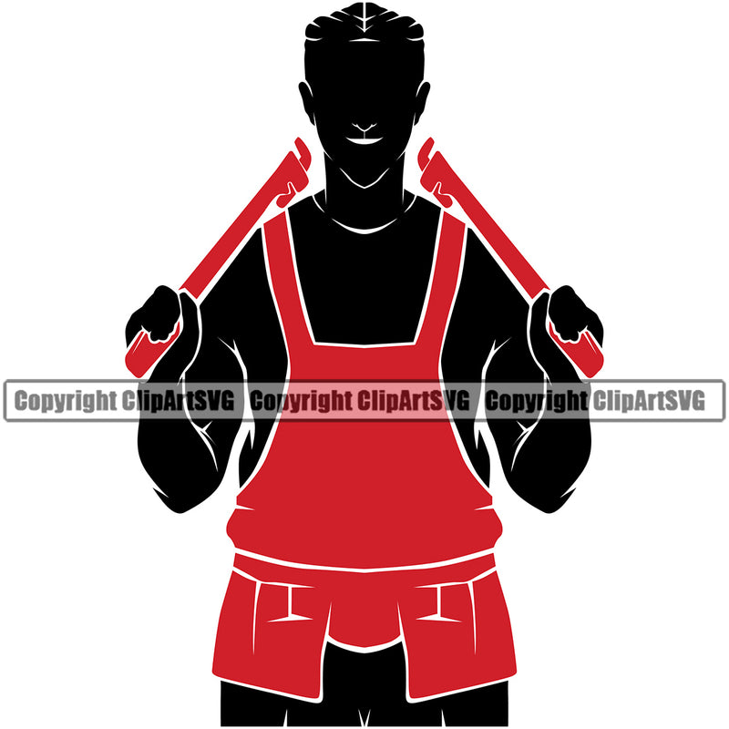 Plumber Pipe Repair Service Plumbing Silhouette Holding Wrench Color Design Element Work Kitchen House Water Maintenance Bathroom Professional Tool Repairman Handyman Equipment Drain Clipart SVG
