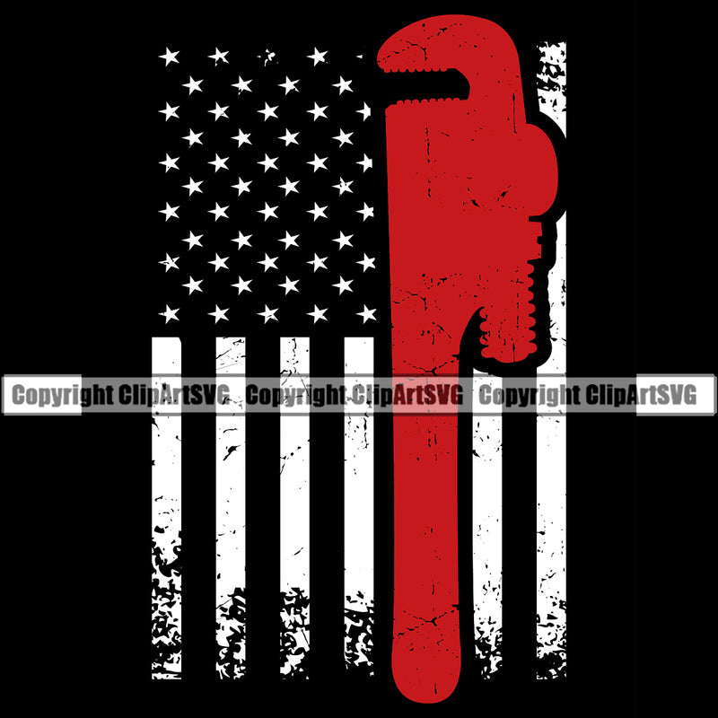 Plumber Wrench On USA Flag United State Pipe Repair Service Plumbing Black Color Work Kitchen Professional Design Element Tool Repairman Handyman Equipment Drain House Water Maintenance Bathroom Clipart SVG