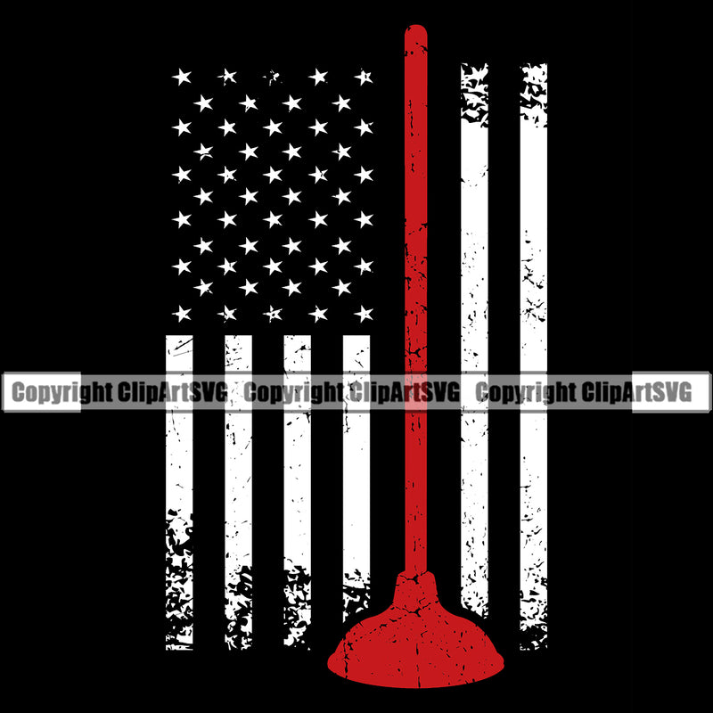 Plumber Pipe Repair Plunger On USA Flag United State Black Background Service Plumbing Work Kitchen Design Element Tool Repairman Handyman Equipment Drain House Water Maintenance Bathroom Clipart SVG