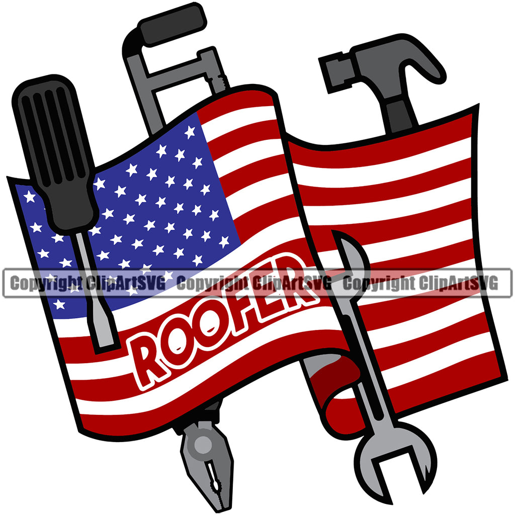 Roofing Flag USA United State Flag Color Design Element Roofer Roof Home House Residential Construction Architecture Building Rooftop Work Repair Worker Builder Company Business Logo Clipart SVG