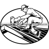 Roofing Roofer Man Drilling On Roof Vector Design Element Home House Residential Construction Architecture Building Rooftop Work Repair Worker Builder Company Business Logo Clipart SVG