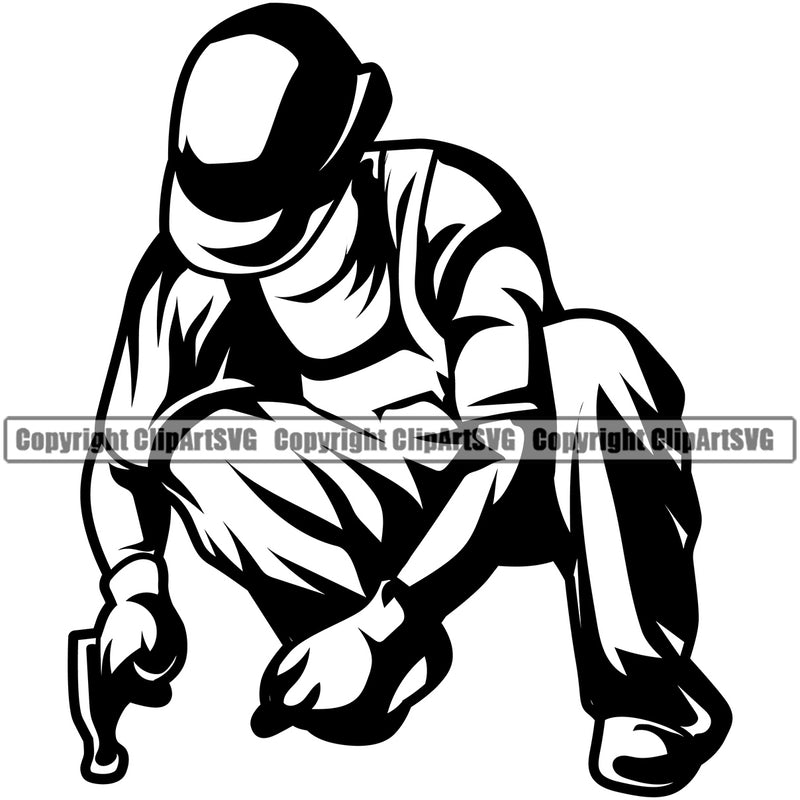 Roofing Roofer Man Sitting Holding Hammer Vector Design Element Roof Home House Residential Construction Architecture Building Rooftop Work Repair Worker Builder Company Business Logo Clipart SVG