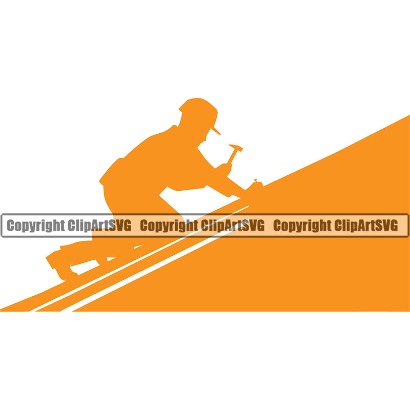 Roofing Roofer Man Working On Roof Orange Color Vector Design Element White Background Home House Residential Construction Architecture Building Rooftop Work Repair Worker Builder Company Business Logo Clipart SVG