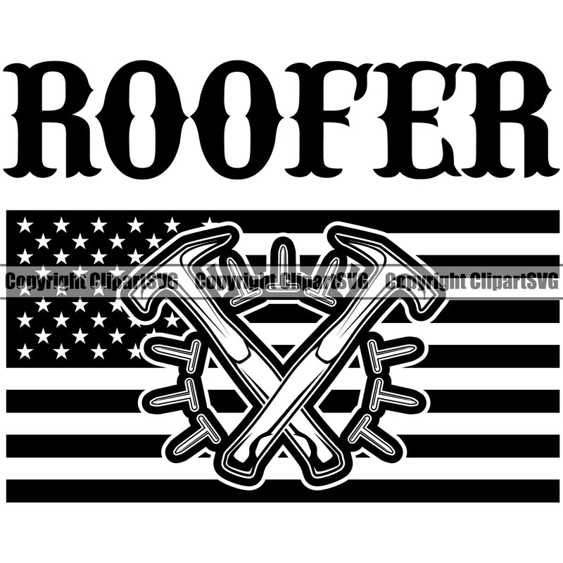 Roofer Quote USA Flag United State Flag Design Element Crossed Hammer Roofing Roofer Roof Home House Residential Construction Architecture Building Rooftop Work Repair Worker Builder Company Business Logo Clipart SVG