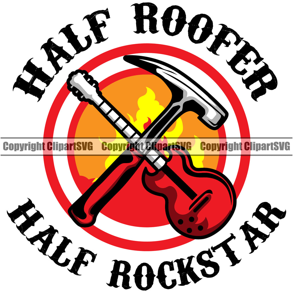 Half Roofer Half Rockstar White Background Hammer And Guitar Crossed Design Element Roofing Roofer Roof Home House Residential Construction Architecture Building Rooftop Work Repair Worker Builder Company Business Logo Clipart SVG