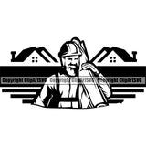 Roofing Roofer Man Hard Working Design Element Roof Home House Residential Construction Architecture Building Rooftop Work Repair Worker Builder Company Business Logo Clipart SVG