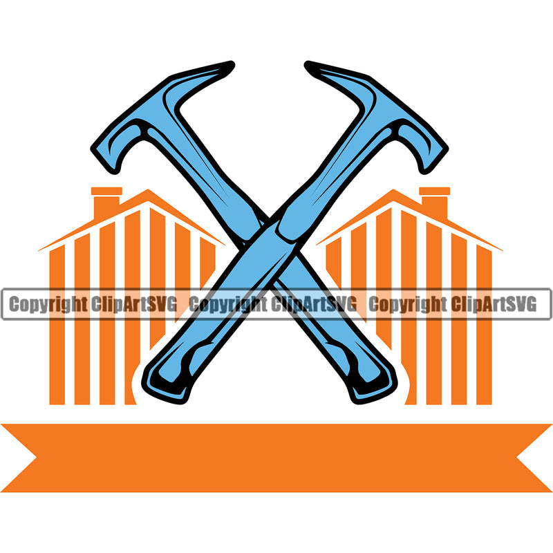 Roofing Color Crossed Hammer Design Element White Background Roofer Roof Home House Residential Construction Architecture Building Rooftop Work Repair Worker Builder Company Business Logo Clipart SVG