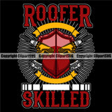 Roofer Skilled Color Quote Roofing Roofer Roof Double Drill Machine Vector Design Element Black Background Home House Residential Construction Architecture Building Rooftop Work Repair Worker Builder Company Business Logo Clipart SVG
