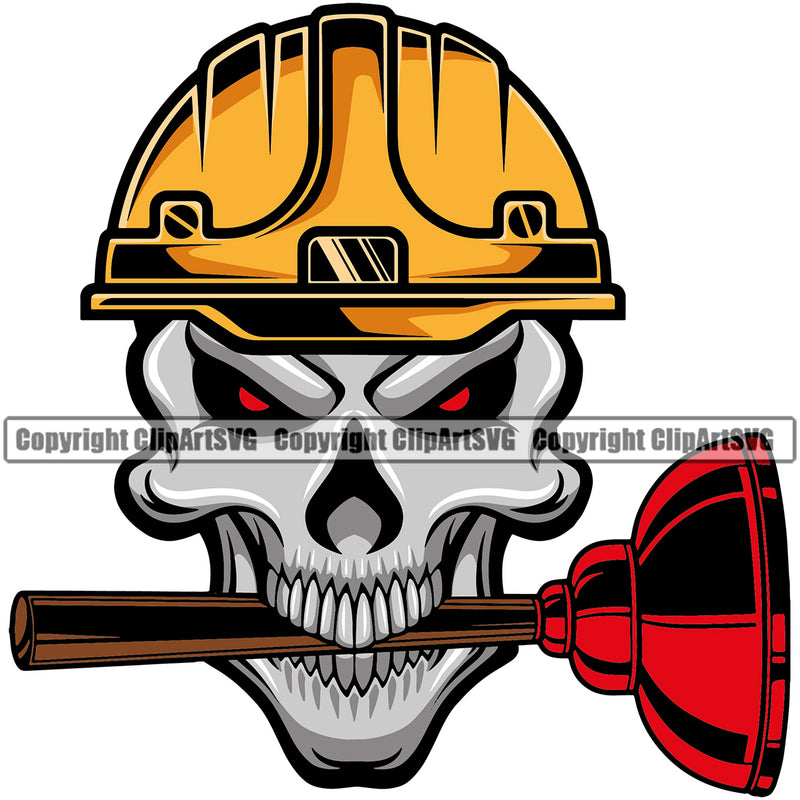 Plumber Pipe Repair Skull Skeleton Plunger On Mouth Service Plumbing Work Kitchen Professional Tool Repairman Handyman Equipment Drain House Water Maintenance Bathroom Clipart SVG