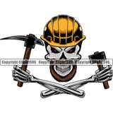 Mining Miner Mining Dig Digging Coal Rock Tool Repair Service Business Skull Skeleton Red Eyes Arms Holding Hammer Helmet Color Design Element Company Design Logo Clipart SVG