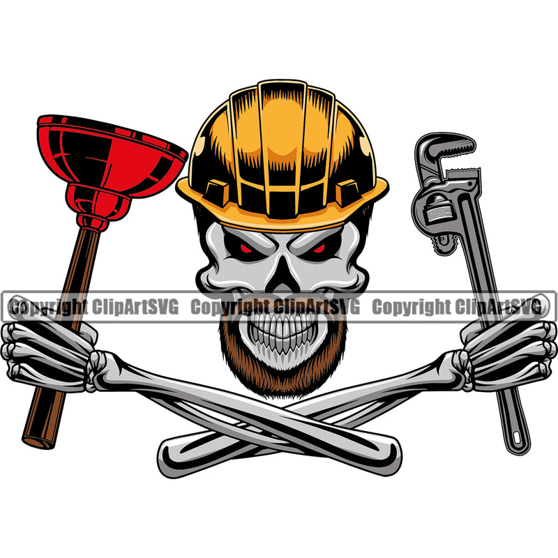 Skull Skeleton Hand Holding Plumber Pipe Repair Tool Service Plumbing Work Kitchen Skull Head Red Eyes Design Element Professional Tool Repairman Handyman Equipment Drain House Water Bathroom Clipart SVG
