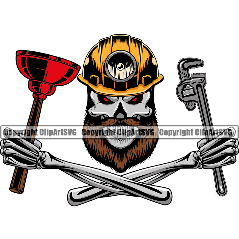 Plumber Skull Skeleton Crossed Arms Holding Pipe Repair Design Element Service Plumbing Work Kitchen Skull Head Wearing Helmet Professional Tool Repairman Handyman Equipment Drain House Water Maintenance Bathroom Clipart SVG