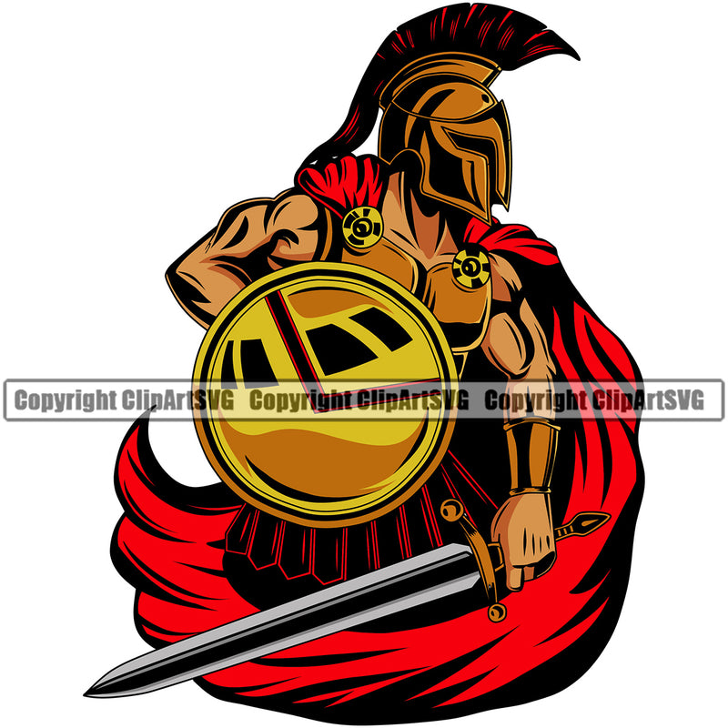 Spartan Battle Helmet Sword Shield Red Dress Warrior Sign Fight Viking Barbarian Medieval War Fighter Mascots Sports Team School Mascot Game Fantasy eSport Animal Emblem Badge Logo Symbol Clipart SVG