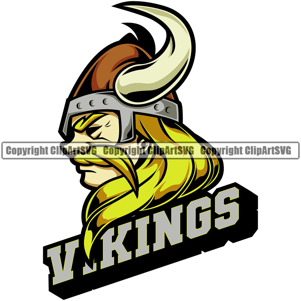 Vikings Gold Mustache Long Hairs Mascot Ancient Viking Horns Brown Helmet Sideview Horned Military Soldier Warrior Battle Fight Horns Medieval Fighter War Mascots Sports Team School Mascot Game Fantasy eSport Animal Emblem Badge Logo Symbol Clipart SVG