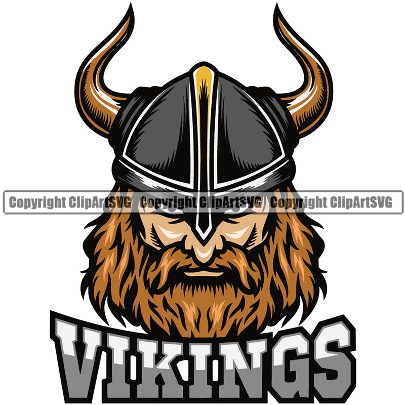 Vikings Gold Beard Mustache Mascot Ancient Viking Horns Black Helmet Horned Military Soldier Warrior Battle Fight Horns Medieval Fighter War Mascots Sports Team School Mascot Game Fantasy eSport Animal Emblem Badge Logo Symbol Clipart SVG