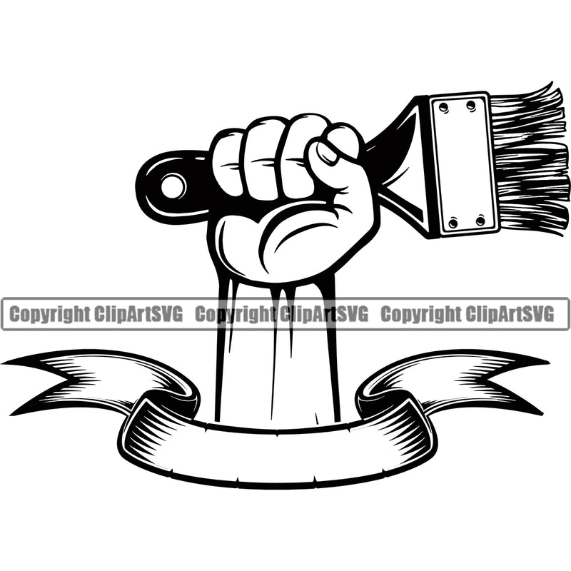 Black And White Hand Holding Painting Brush Vector Design Element With Ribbon Renovation Paint House Home Improvement Wall Room Painter Repair Renovating Service Work Worker Painter DIY Art Logo Clipart SVG