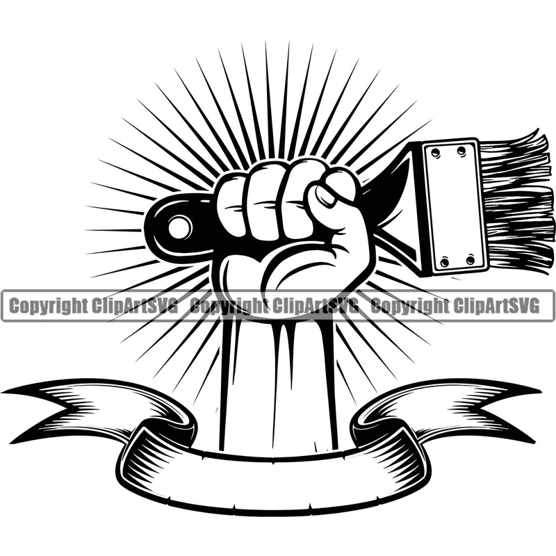 Black And White Hand Holding Painting Brush Vector Hand Power Sunrise Design Element With Ribbon Renovation Paint House Home Improvement Wall Room Painter Repair Renovating Service Work Worker Painter DIY Art Logo Clipart SVG