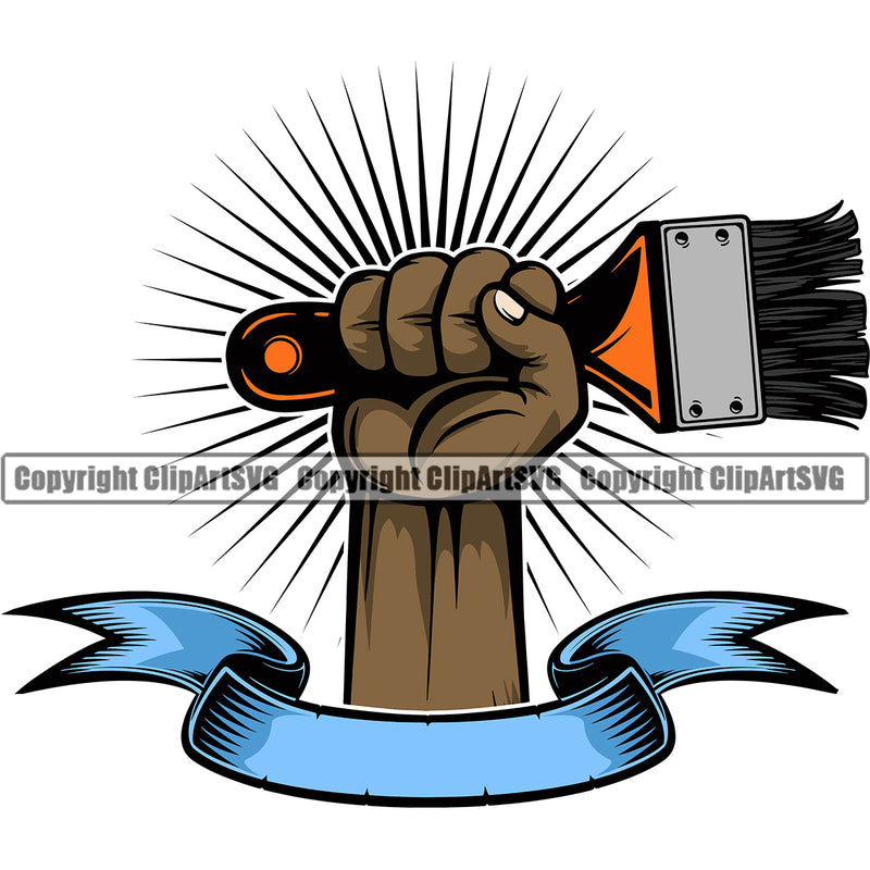 Black Hand Holding Painting Brush African American Hand Ribbon Sun Rise Design Element White Background Renovation Paint House Home Improvement Wall Room Painter Repair Renovating Service Work Worker Painter DIY Art Logo Clipart SVG