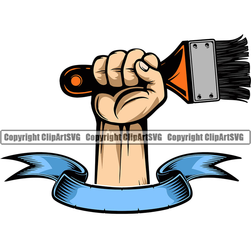 Hand Power Holding Painting Brush Color Design Element With Ribbon White Background Renovation Paint House Home Improvement Wall Room Painter Repair Renovating Service Work Worker Painter DIY Art Logo Clipart SVG