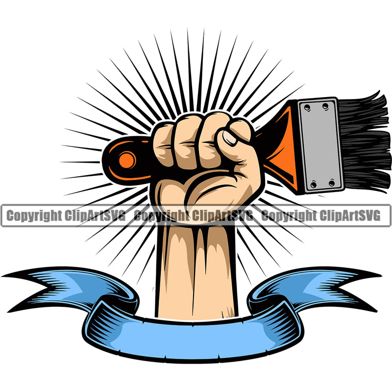 Hand Power Holding Painting Brush Sunrise Vector Color Design Element With Ribbon White Background Renovation Paint House Home Improvement Wall Room Painter Repair Renovating Service Work Worker Painter DIY Art Logo Clipart SVG