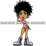 Black Woman Wearing Bikini Afro Hair Style Design Element African American Lady White Background Nubian Queen Cartoon Character Cute Female Afro Pretty Girl Art Logo Clipart SVG