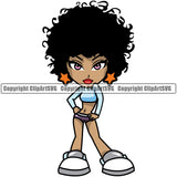 Black Woman Standing Model Afro Big Hair Style African American Lady Lola Big Eyes Design Element White Background Nubian Queen Cartoon Character Cute Female Afro Pretty Girl Art Logo Clipart SVG